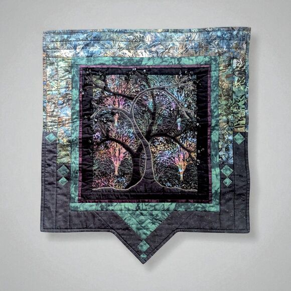 Quilted Tree of Life Wall Hanging: Beaded Fiber Art Table Topper - Picture 1 of 8